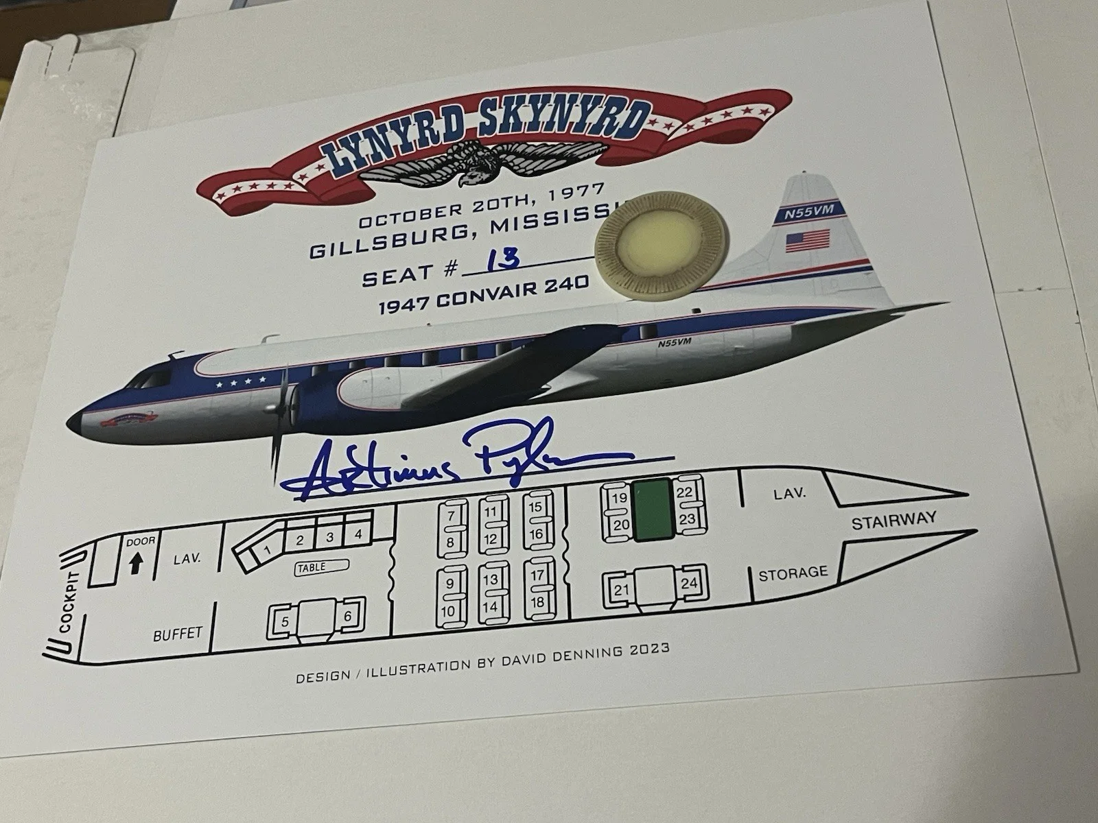 Lynyrd Skynyrd Signed Plane Crash White Poker Chip + Plane Diagram & Artie W Dog, изображение 5