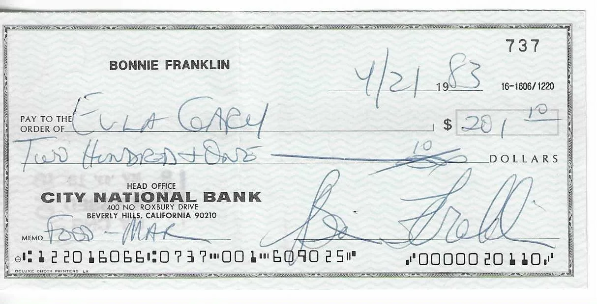 Bonnie Franklin — Bonnie Franklin signed bank check (One Day At A Time) Actress