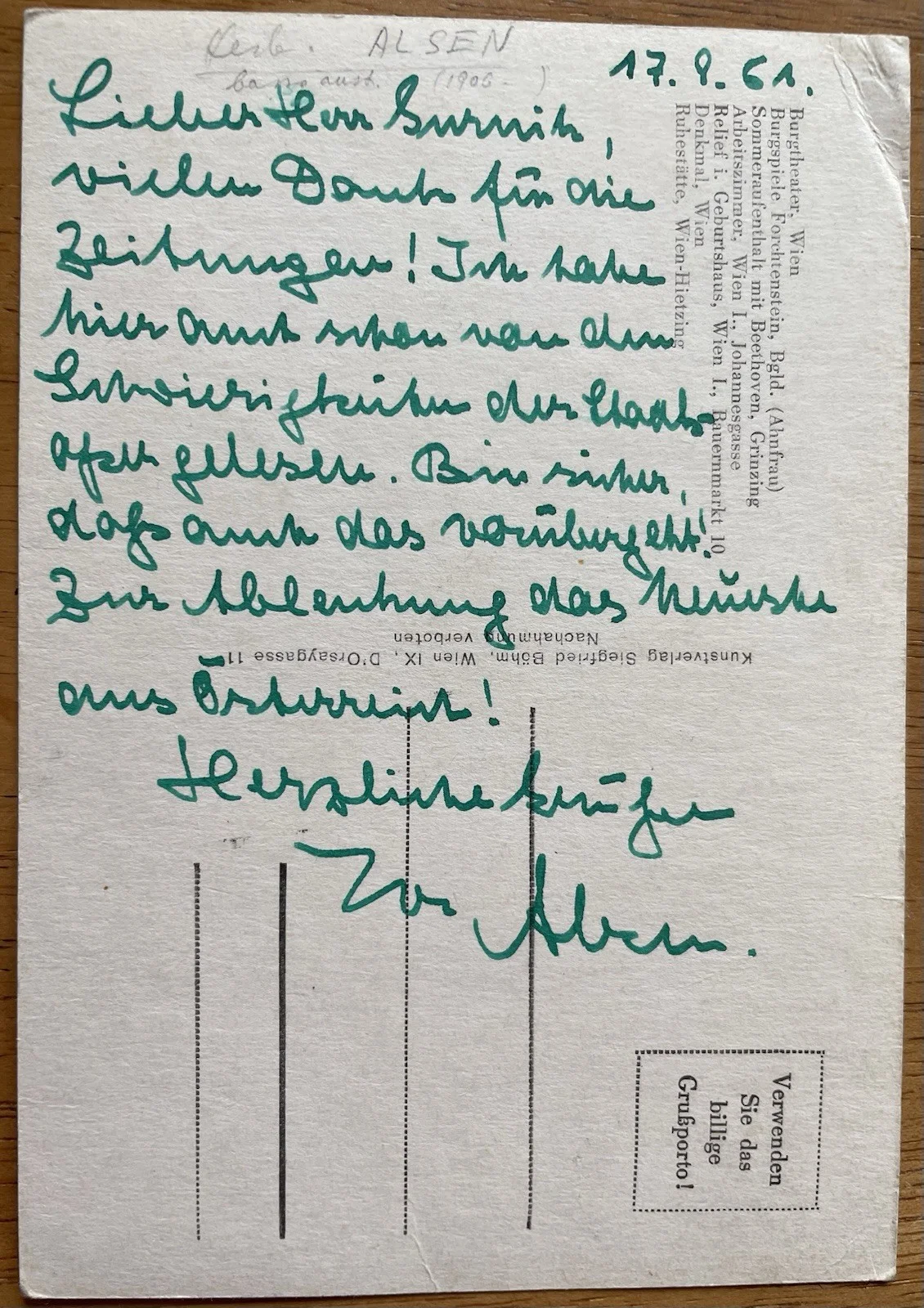 German Opera Singer Herbert Alsen Autograph Letter, image 3