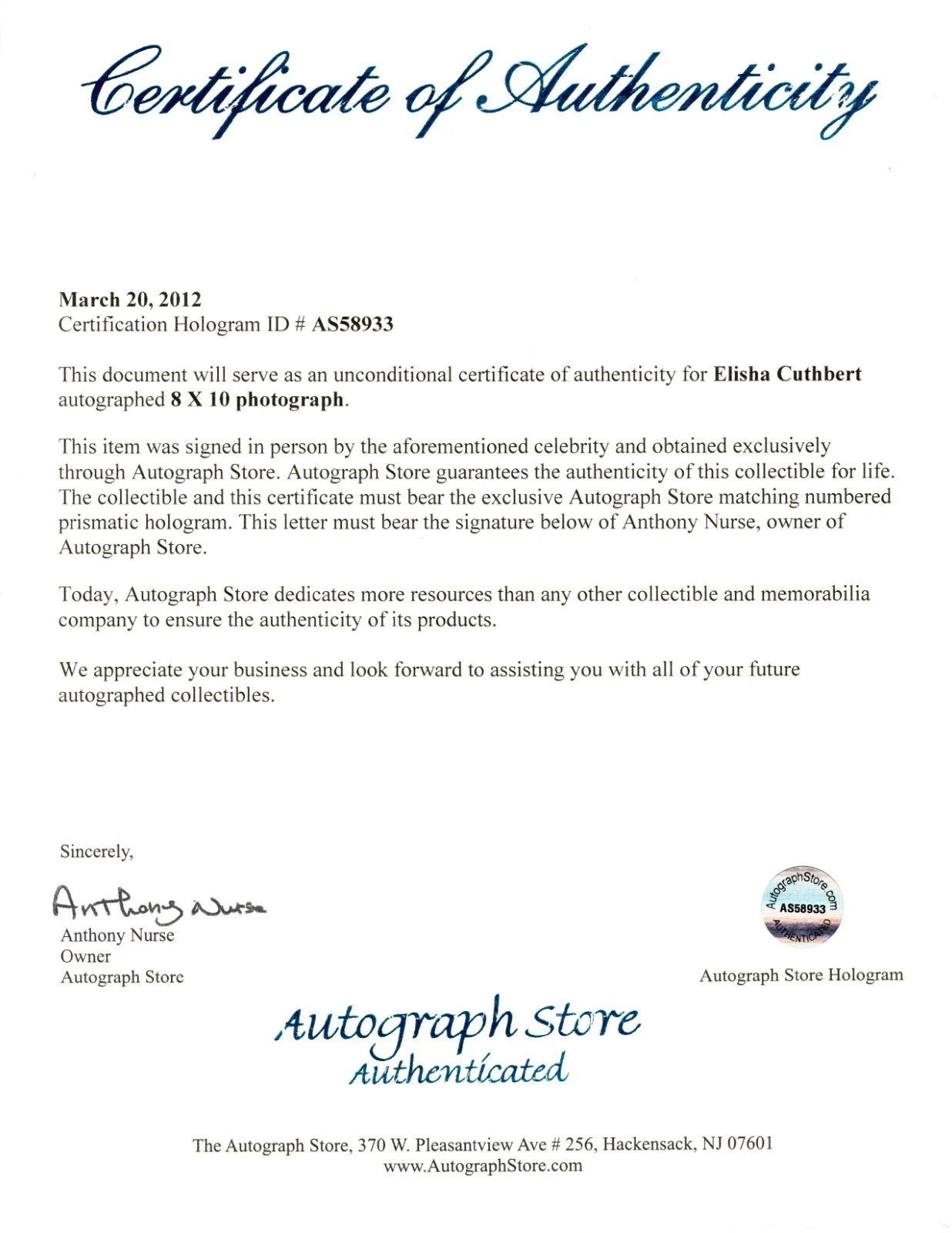 Elisha Cuthbert — ElishaCuthbert Autographed Photo 9 w COA, image 2