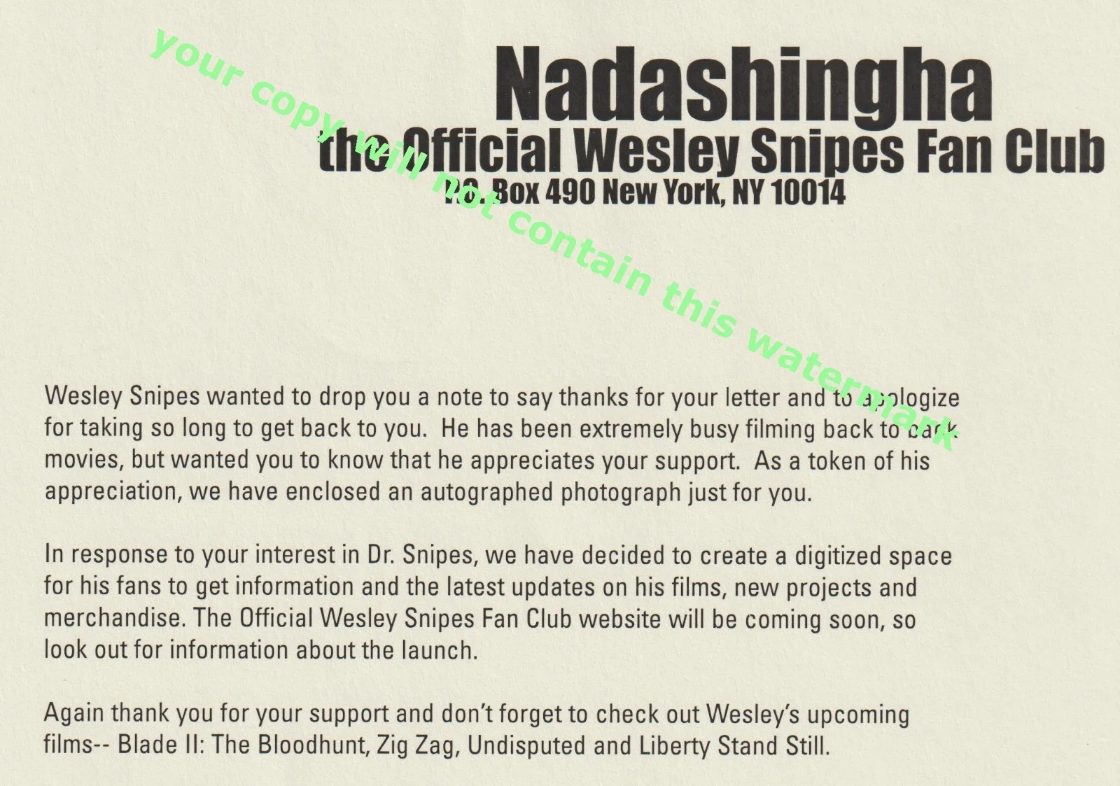 WESLEY SNIPES — WESLEY SNIPES (BLADE) SIGNED 8x10 PHOTO comes with official fan club letter, изображение 3