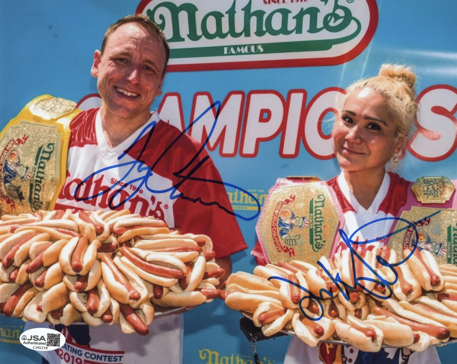 Joey Chestnut & Miki Sudo — Joey Chestnut & Miki Sudo Nathans Hot Dog Champ Signed Auto 8x10 Photo #2 w/ JSA