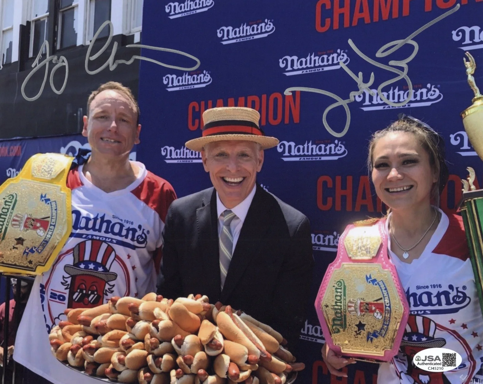 Joey Chestnut & Miki Sudo — Joey Chestnut & Miki Sudo Nathans Hot Dog Champ Signed Auto 8x10 Photo w/ JSA