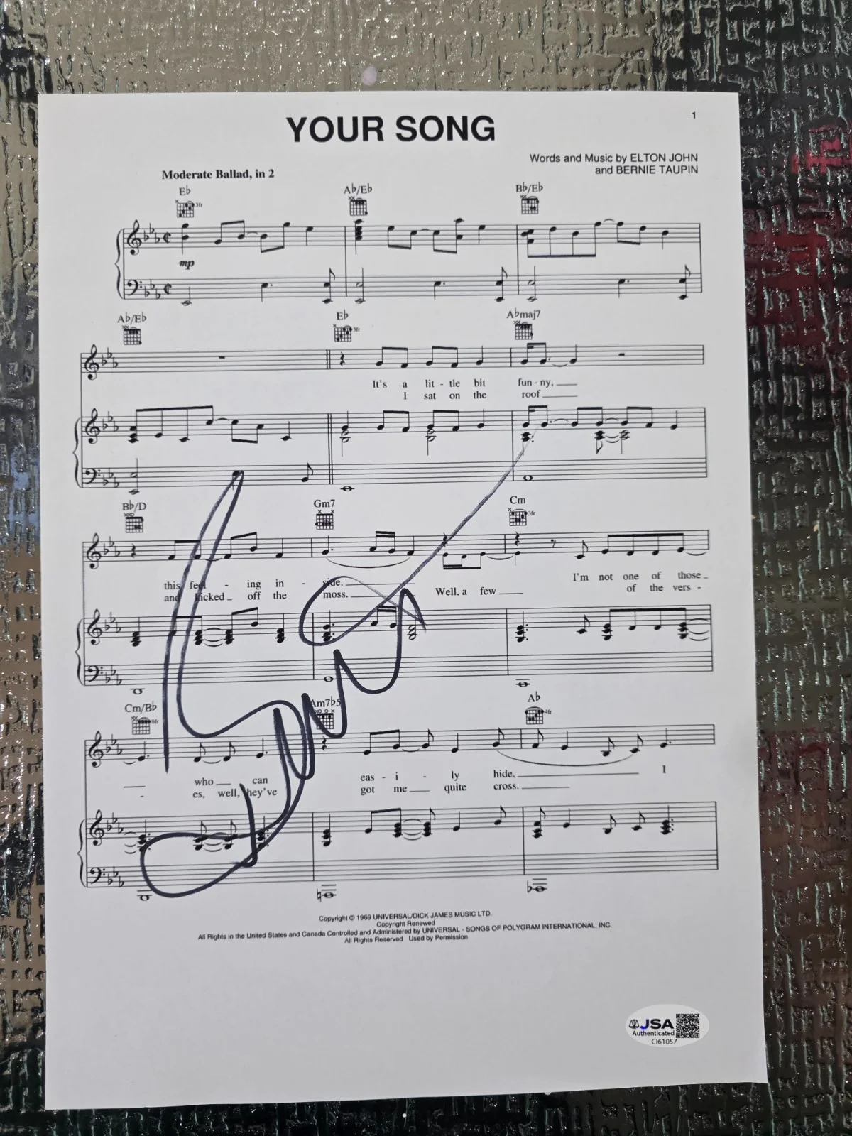 Bernie Taupin — Bernie Taupin Signed Autograph Elton John 's Your Song Sheet Music w/ JSA COA