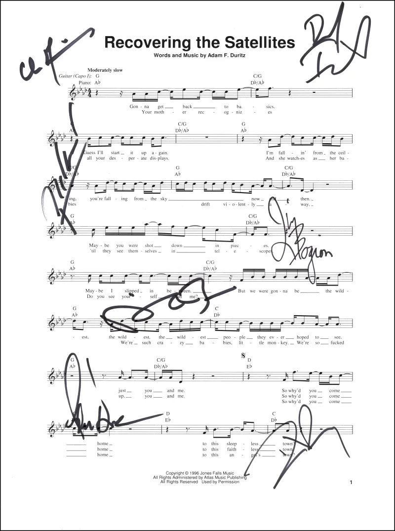 Jim Bogios, David Bryson, Adam Duritz, Charlie Gillingham, David — Counting Crows Full Band Signed Autograph Recovering the Satellites Sheet Music