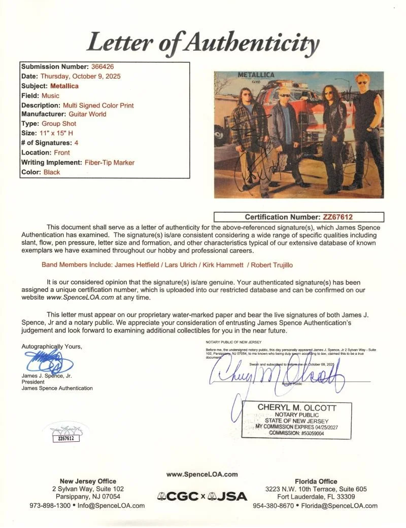 Kirk Hammett, James Hetfield, Robert Trujillo, Lars Ulrich — Metallica Band Signed Autograph Fold Out Magazine Poster James Hetfield JSA COA, image 3