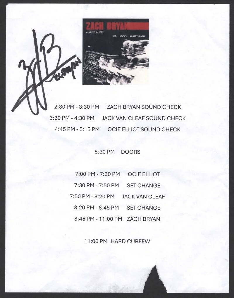 Zach Bryan — Zach Bryan Signed Autograph Red Rocks Concert Timing Schedule w/ Beckett COA