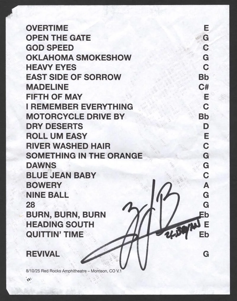 Zach Bryan — Zach Bryan Signed Autograph Original August 2025 Red Rocks Set List Beckett COA