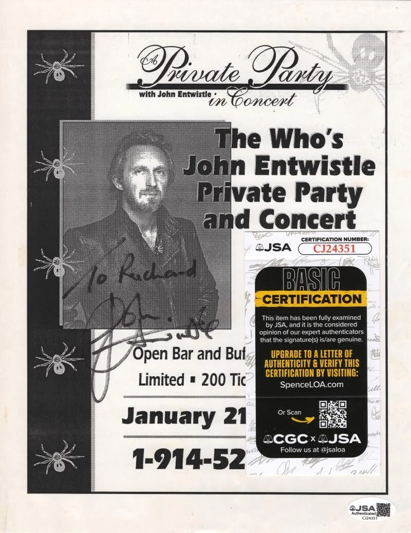 John Entwistle — John Entwistle The Who Signed Autograph 8.5x11 Party Flier Advertisement JSA COA, image 2