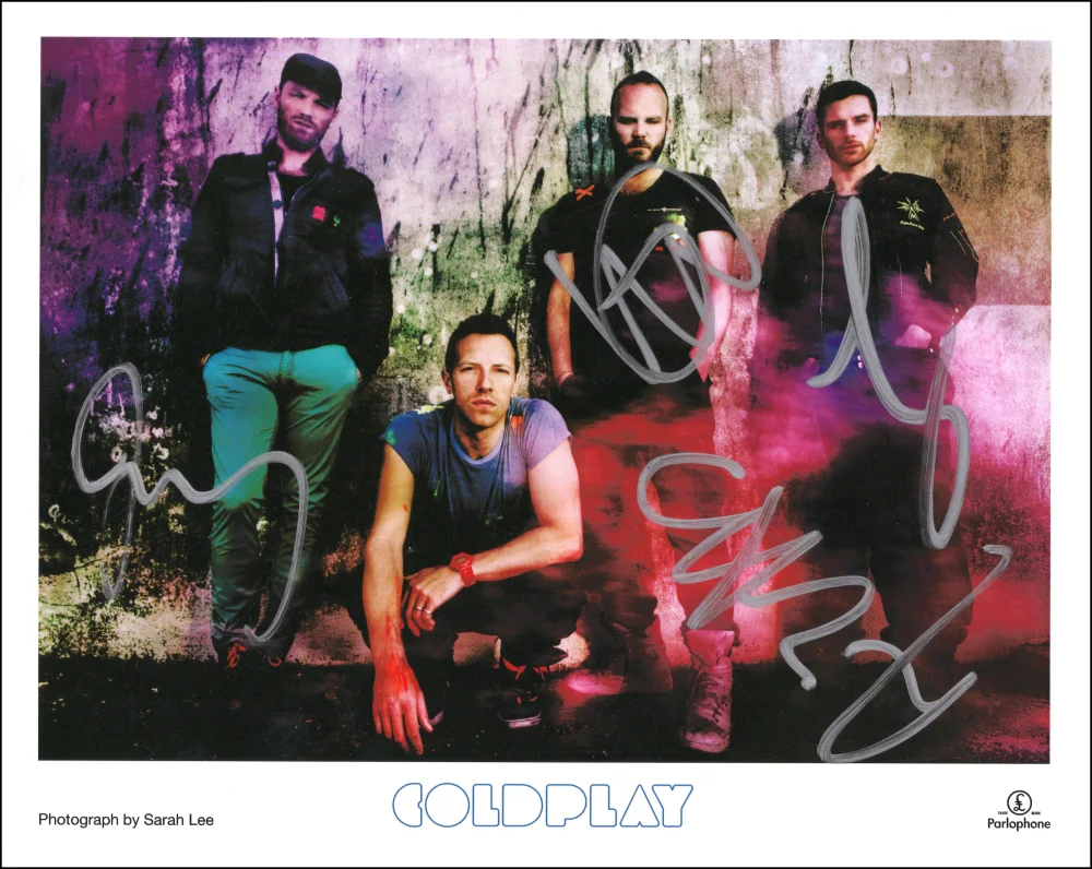 Guy Berryman, Jonny Buckland, Will Champion, Chris Martin — Coldplay Band Signed Autograph 8x10 Photo Photograph Chris Martin +3 JSA COA