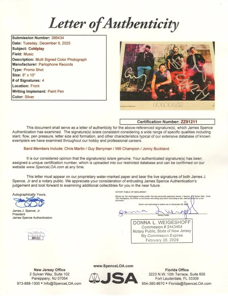 Guy Berryman, Jonny Buckland, Will Champion, Chris Martin — Coldplay Band Signed Autograph 8x10 Photo Photograph Chris Martin +3 JSA COA, image 3