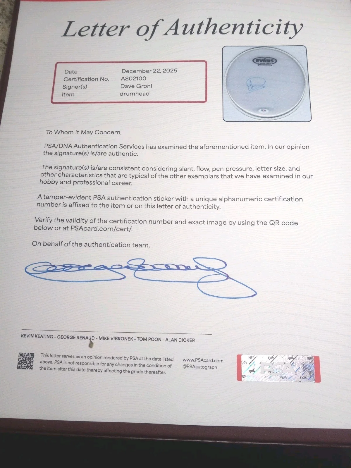 DAVE GROHL SIGNED CLEAR DRUM HEAD PSA LETTER !, image 3