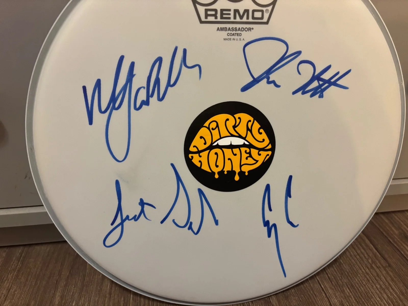 DIRTY HONEY SIGNED AUTOGRAPHED RARE REMO DRUMHEAD X4 IN PERSON METAL ROCK, изображение 2