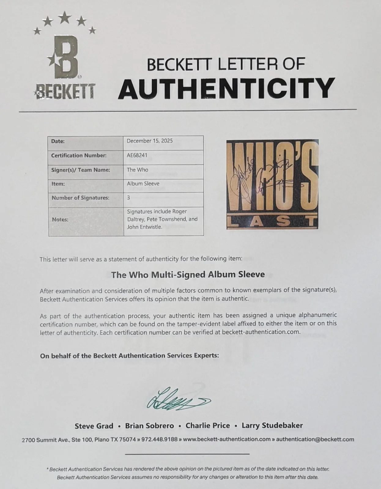 THE WHO SIGNED VINYL ALBUM WHO'S LAST ENTWISTLE, DALTREY TOWNSHEND BECKETT LOA, изображение 3