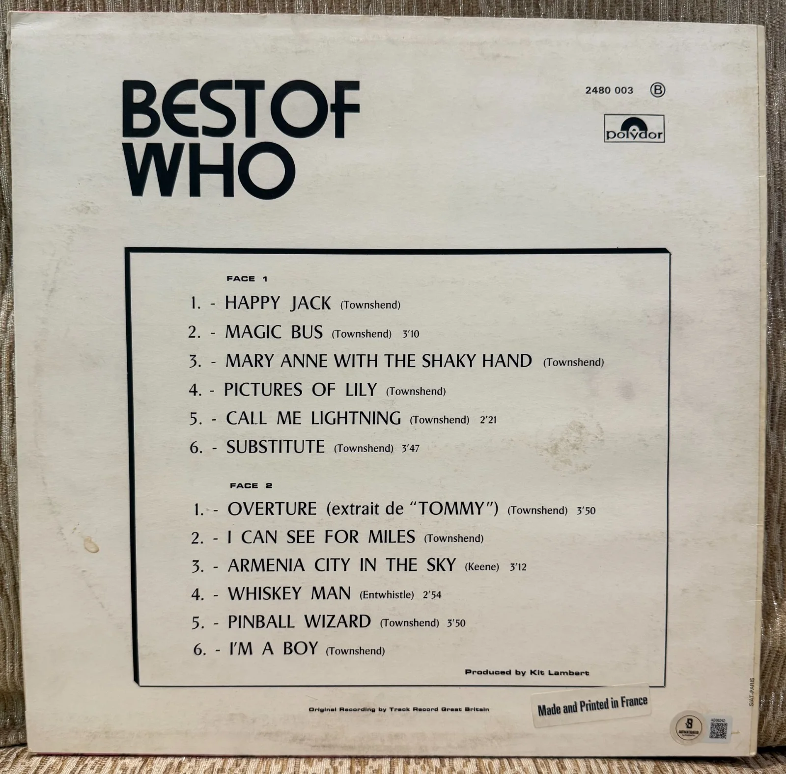 THE WHO SIGNED VINYL ALBUM BEST OF WHO BY ENTWISTLE, DALTREY, AND TOWNSHEND BAS, изображение 2