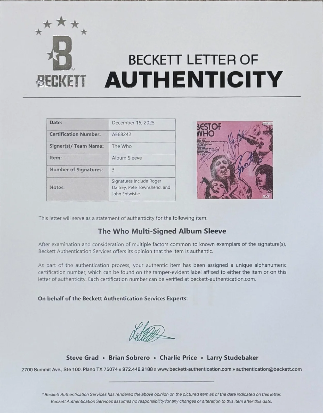 THE WHO SIGNED VINYL ALBUM BEST OF WHO BY ENTWISTLE, DALTREY, AND TOWNSHEND BAS, изображение 3