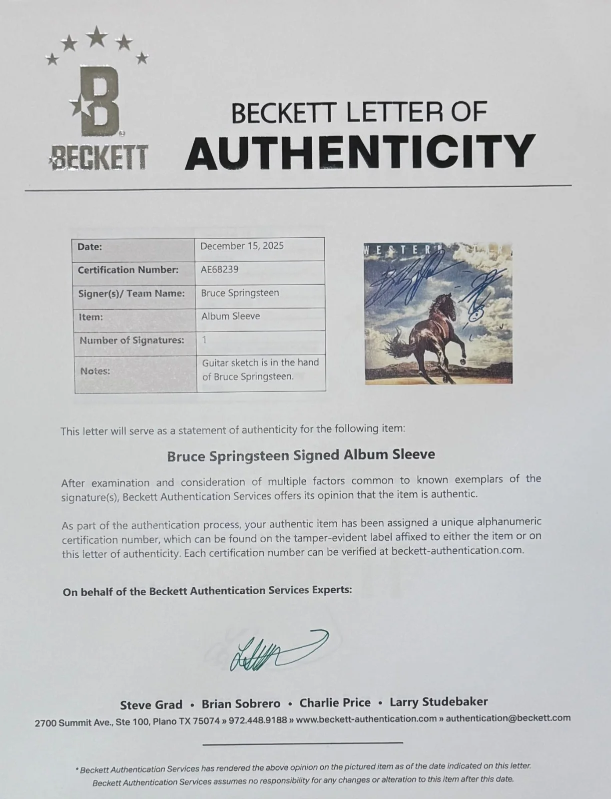BRUCE SPRINGSTEEN SIGNED VINYL ALBUM W RARE SKETCH WESTERN STARS BAS BECKETT LOA, изображение 2