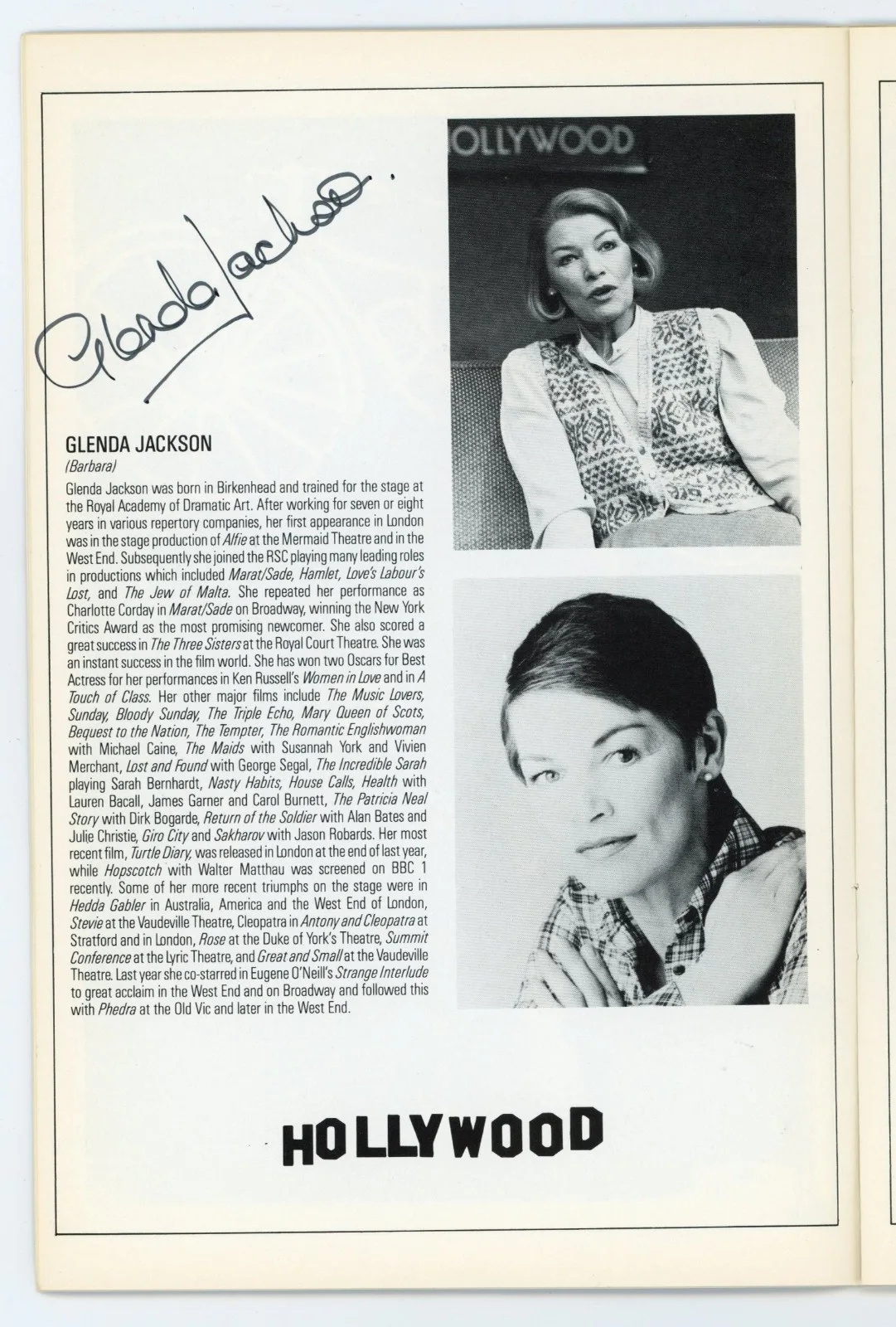 Glenda Jackson — Glenda Jackson - Signed Comedy Theatre Program Across from the Garden of Allah, изображение 2
