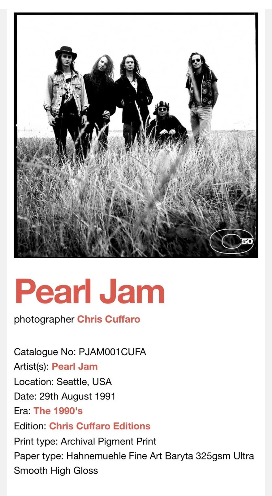 1991 Pearl Jam Print Signed By Photographer Chris Cuffaro, image 5