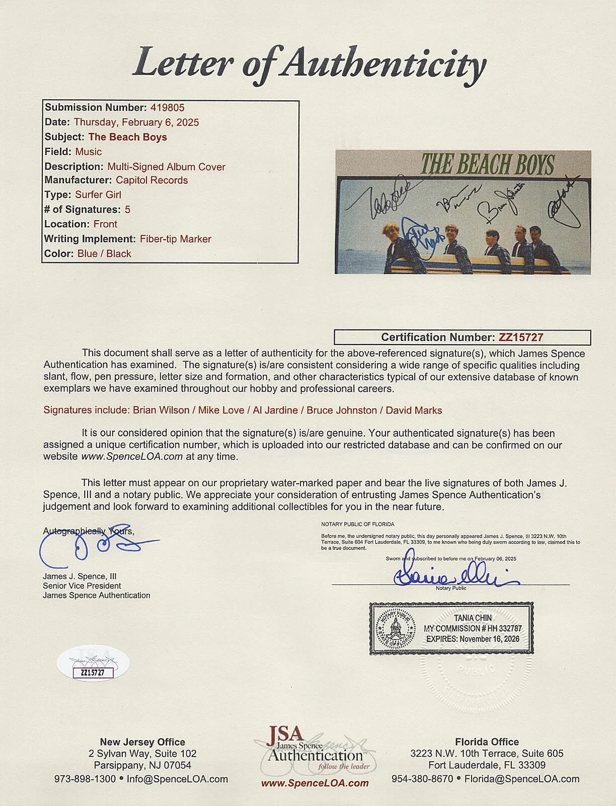 THE BEACH BOYS - Brian Wilson, Mike Love, Bruce Johnson — THE BEACH BOYS signed "SURFER GIRL" Vinyl Album ALL 5 Brian Wilson Mike Love JSA, изображение 2