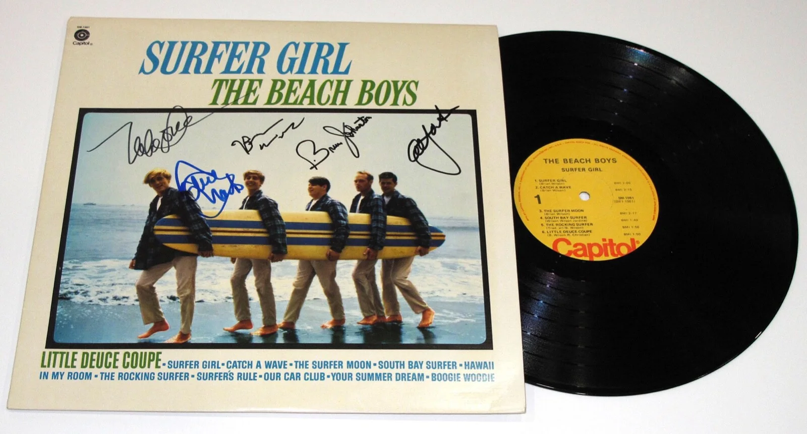 THE BEACH BOYS - Brian Wilson, Mike Love, Bruce Johnson — THE BEACH BOYS signed "SURFER GIRL" Vinyl Album ALL 5 Brian Wilson Mike Love JSA, изображение 3