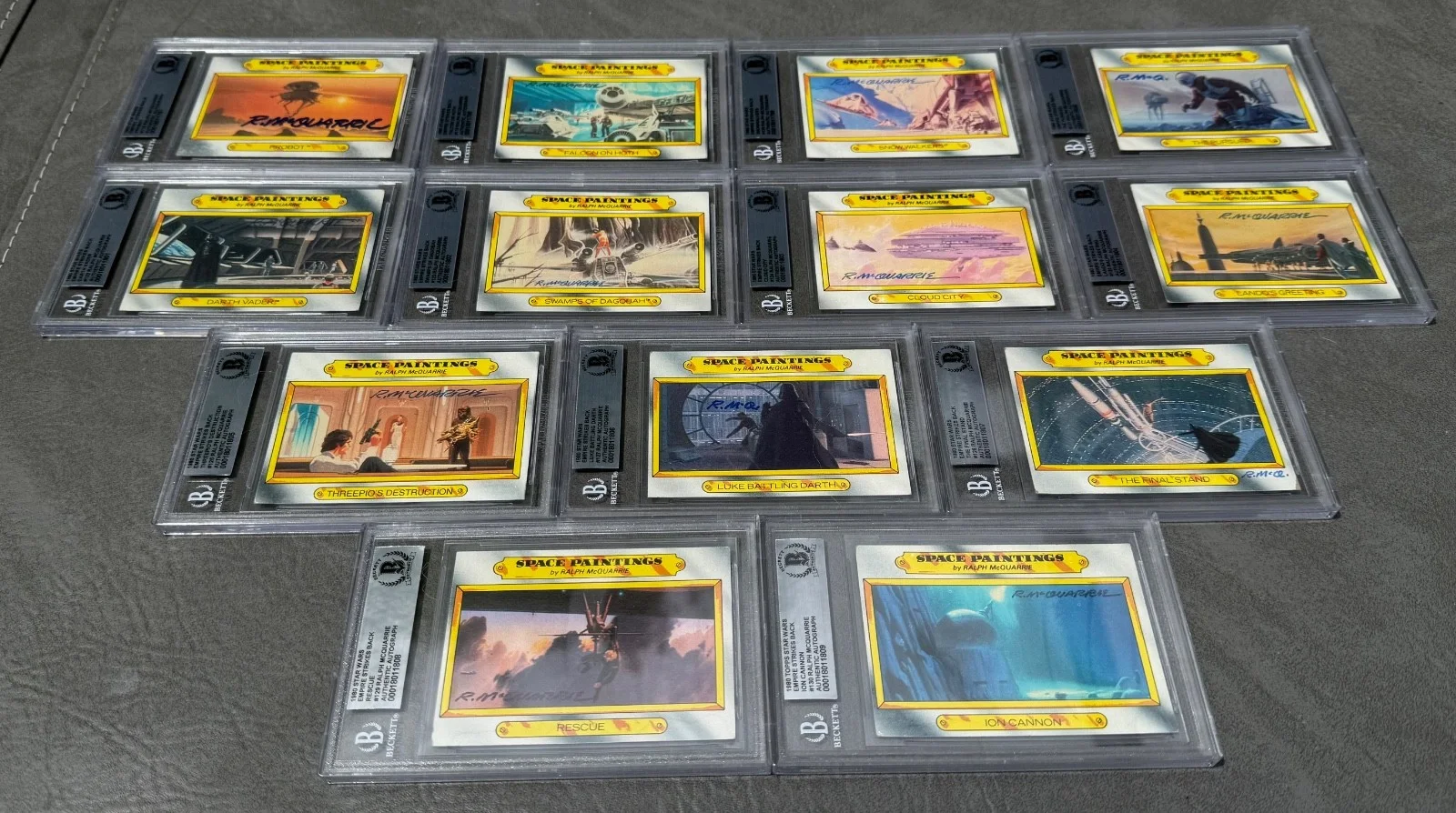 Ralph McQuarrie — 13 ESB Topps Space Paintings Set Cards Star Wars SIGNED Auto Beckett 118-130 BAS, image 3