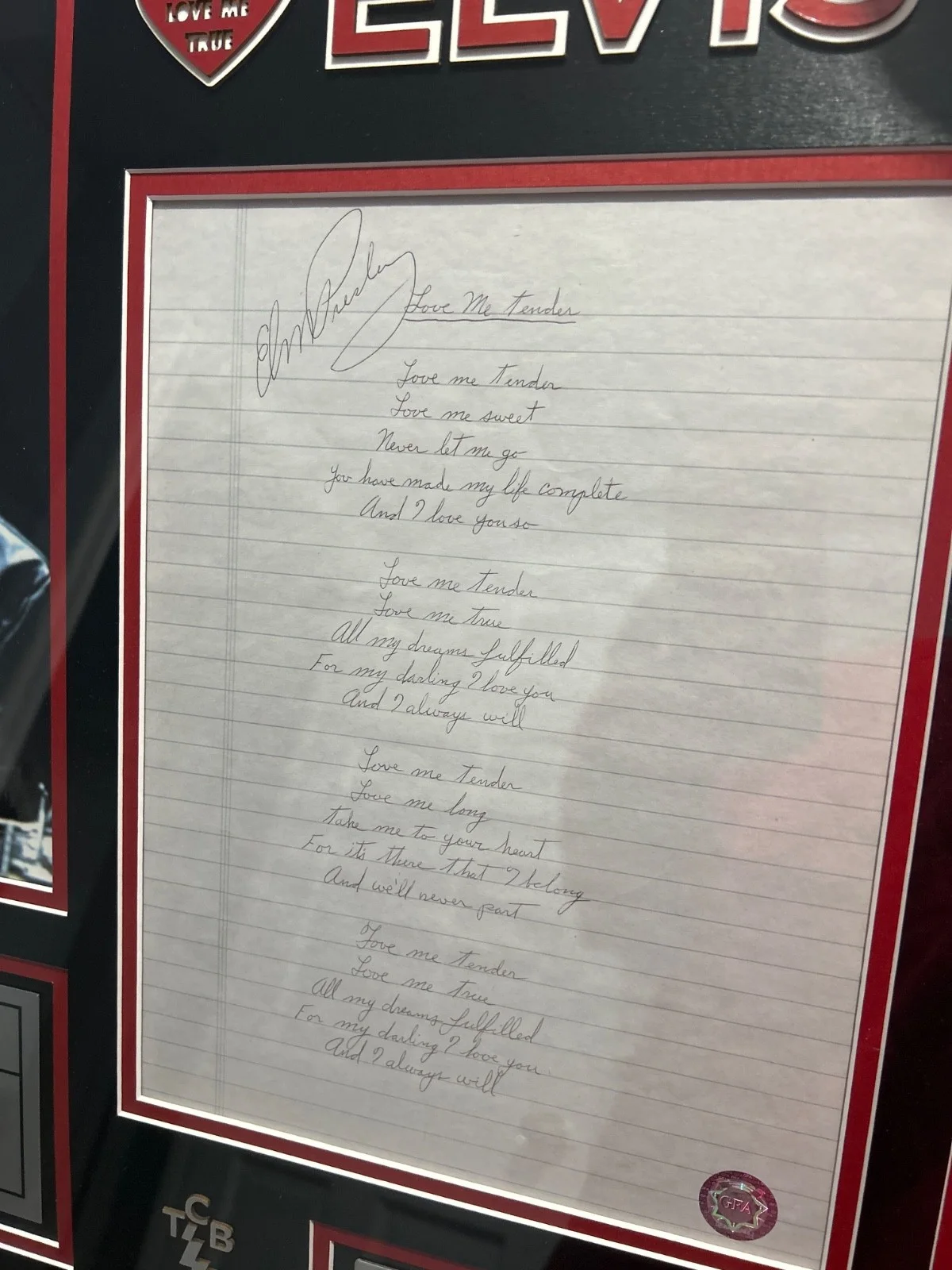 Elvis love me tender signed lyrics memorabilia, image 2