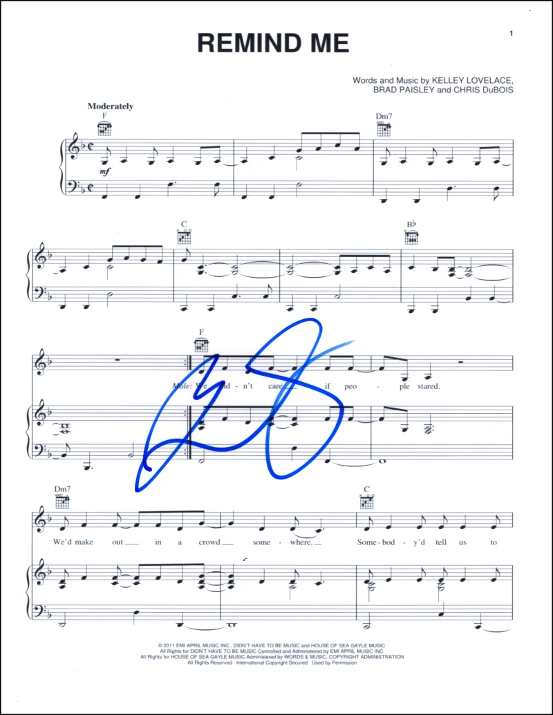 Darlene Love — Brad Paisley Signed Autograph Remind Me Sheet Music - Country Music Superstar
