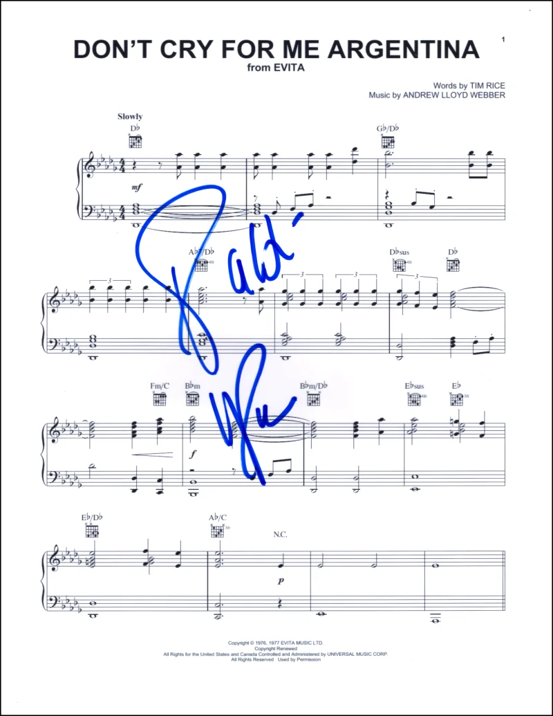 Patti LuPone — Patti LuPone Signed Autograph Don't Cry for Me Argentina Sheet Music from Evita