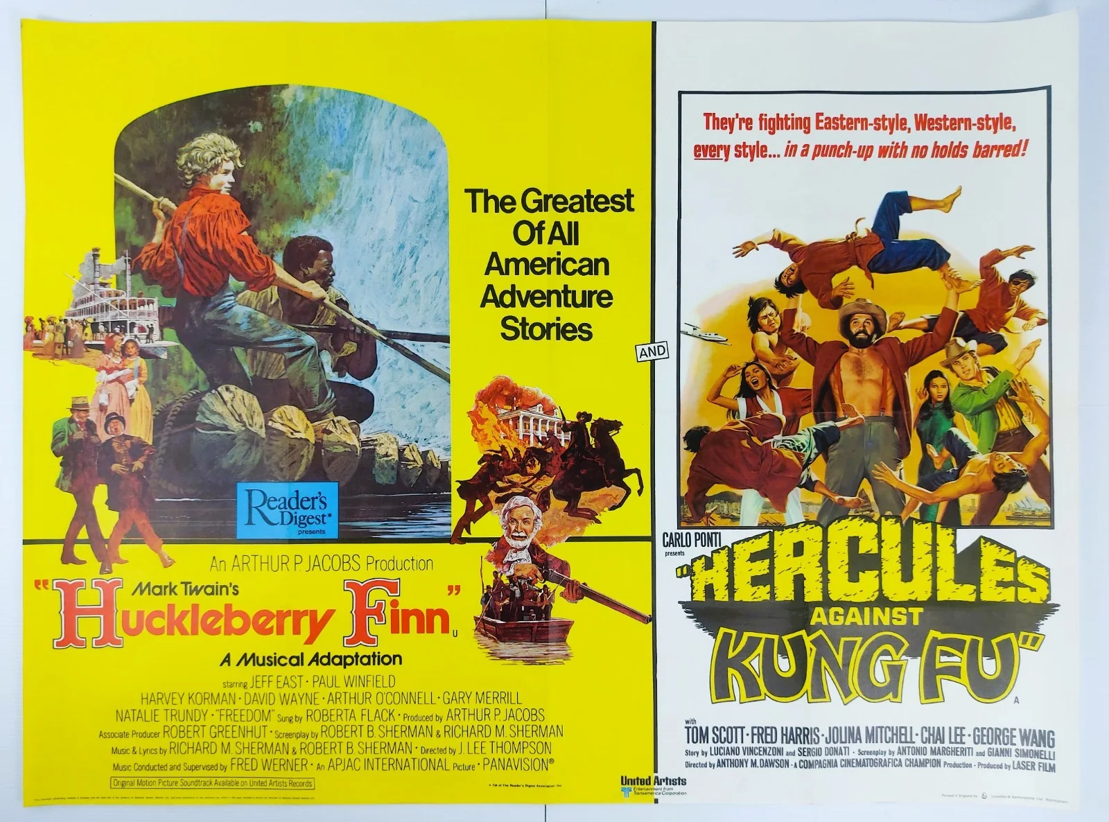 HUCKLEBERRY FINN / HERCULES AGAINST KUNG FU ORIGINAL UK QUAD DB FILM POSTER 1974, изображение 2