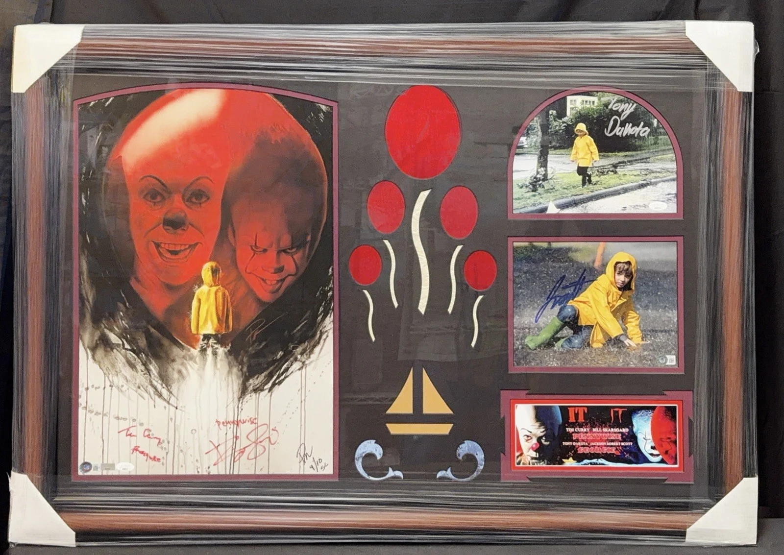 Bill Skarsgard, Tim Curry, Tony Dakota, Jackson Robert Scott — Bill Skarsgard Tim Curry Tony Dakota Jackson Scott signed Framed photo IT JSA