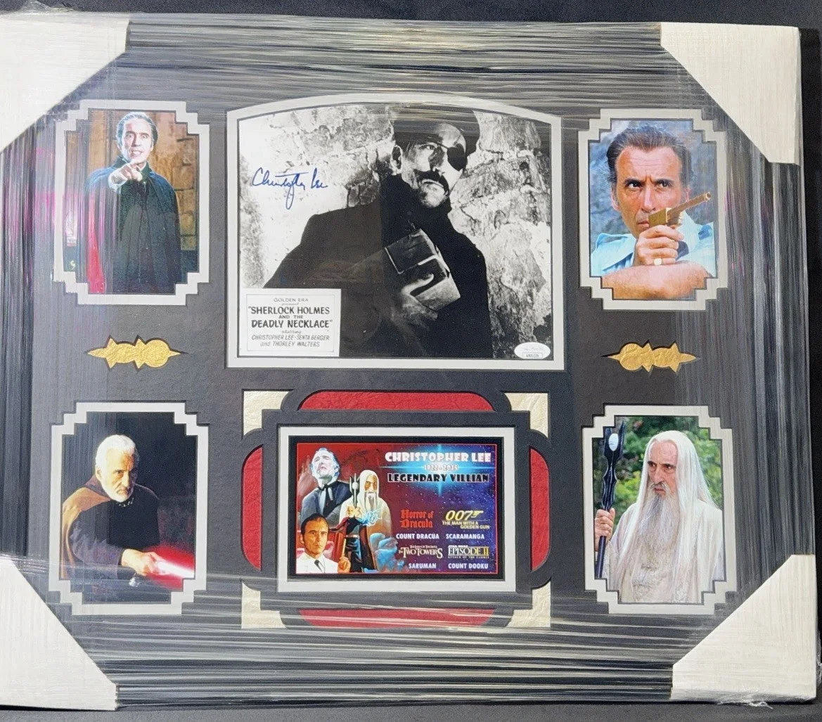 CHRISTOPHER LEE — CHRISTOPHER LEE STAR WARS DOOKU RARE SIGNED Sherlock Holmes FRAMED DISPLAY JSA