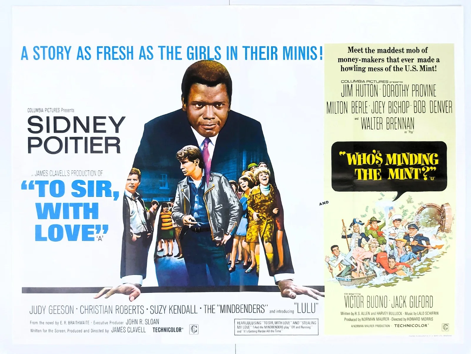 TO SIR WITH LOVE / WHO'S MINDING THE MINT ORIGINAL UK QUAD DB FILM POSTER 1967, изображение 2