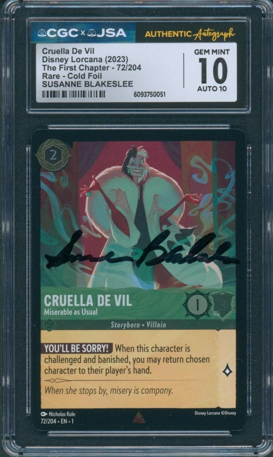 Susanne Blakeslee — Susanne Blakeslee Signed Card Cruella De Vil Lorcana Gem Mint 10 CGC x JSA SLAB