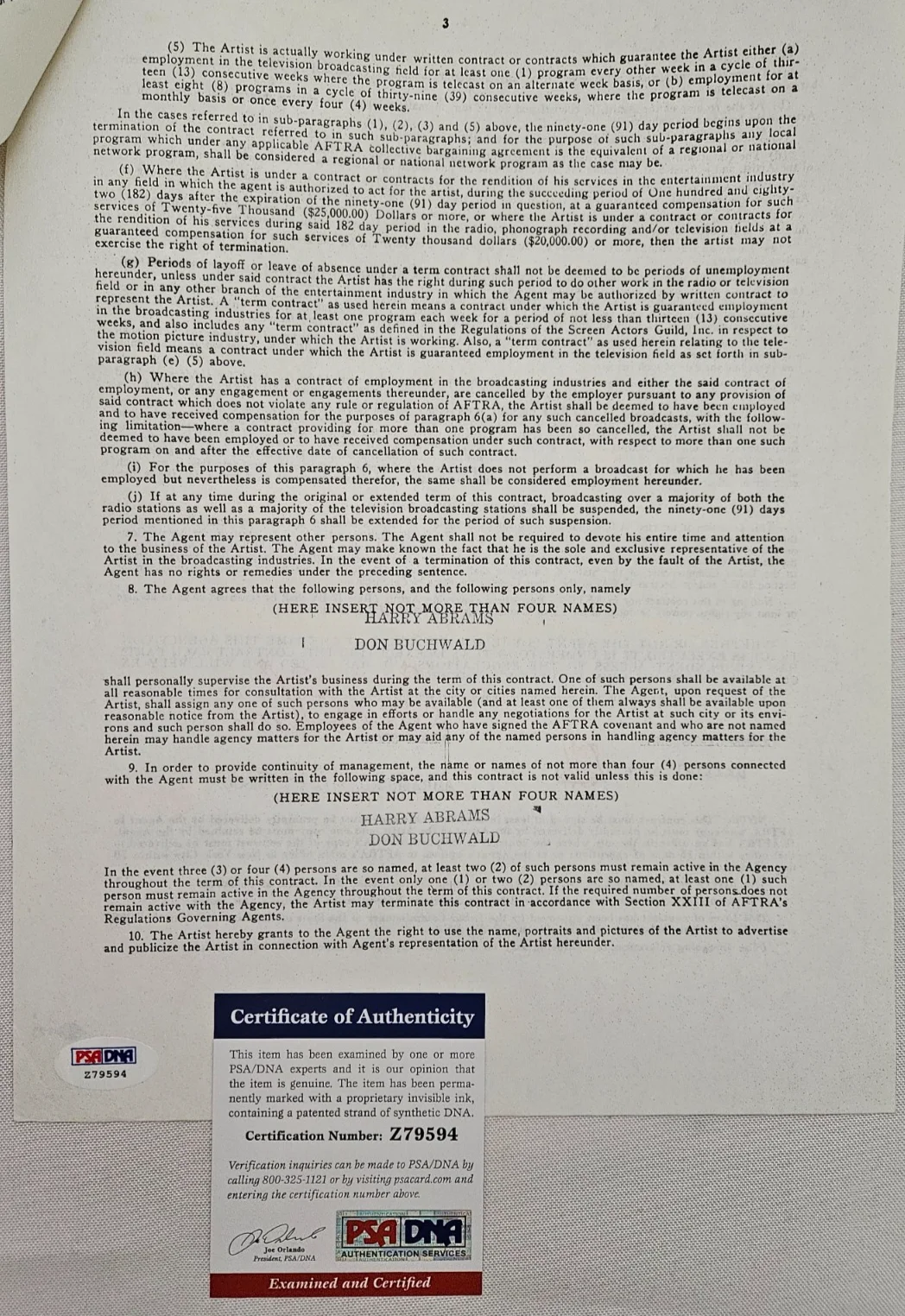 Dinah Show — Dinah Shore Signed AFTRA Contract w/ PSA/DNA CoA, image 2