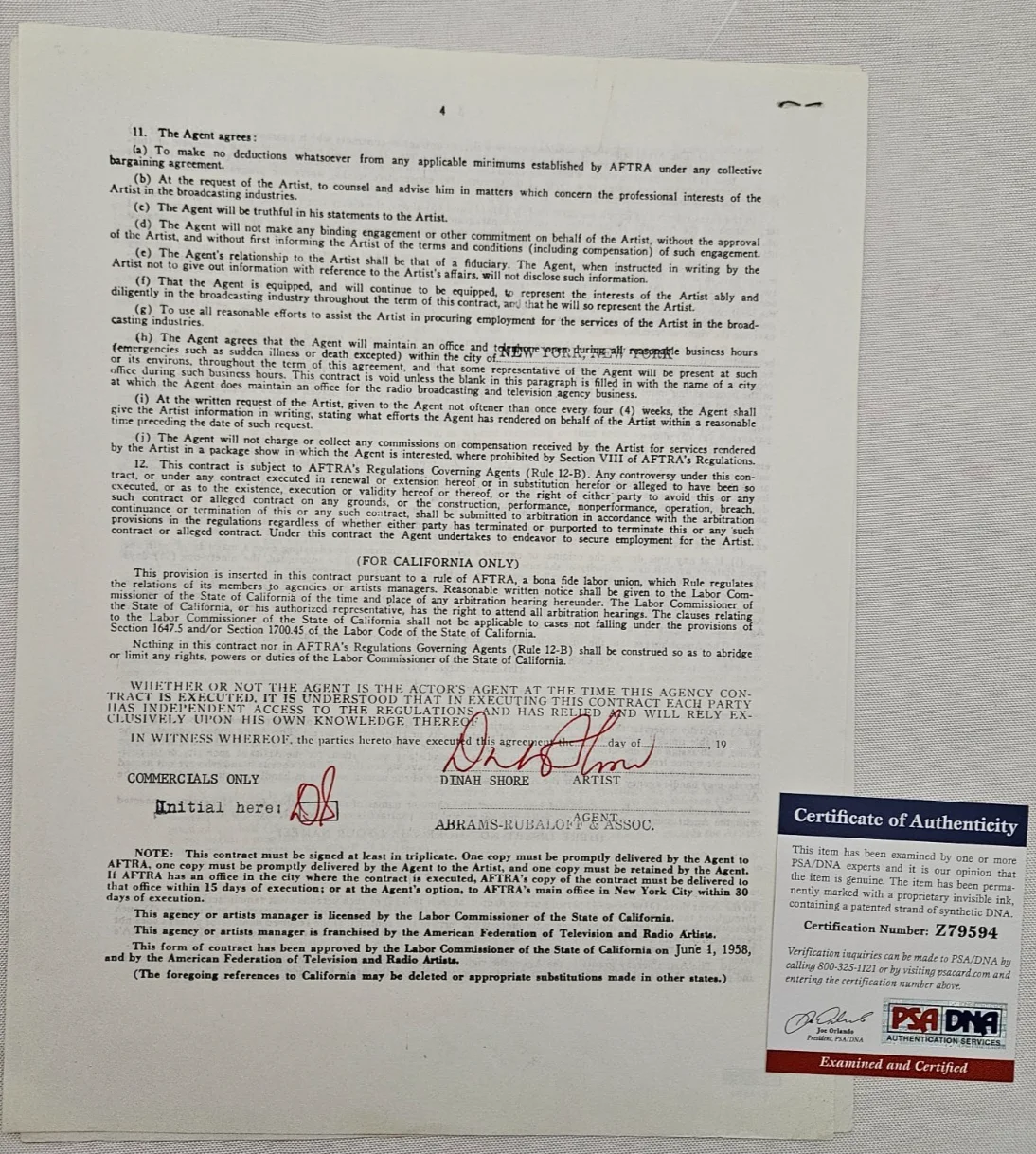 Dinah Show — Dinah Shore Signed AFTRA Contract w/ PSA/DNA CoA, image 3