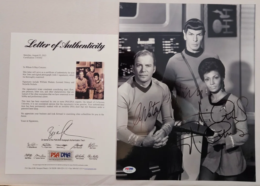 William Shatner, Leonard Nimoy, Nichelle Nichols — Shatner, Nimoy, Nichols signed 11x14 Photo w/ PSA/DNA LoA, Star Trek TOS