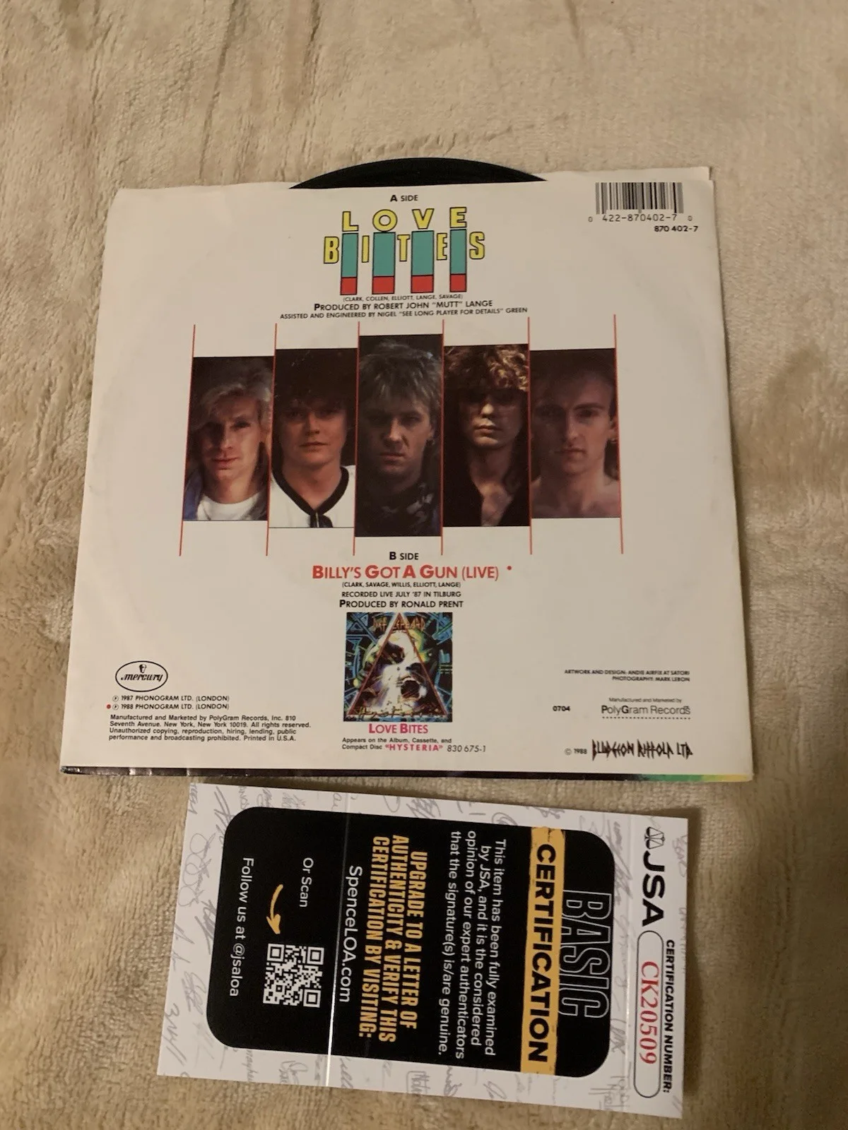 Def Leppard Love Bites Signed 45rpm Hysteria 1987 By Rick Allen JSA Certified, изображение 2