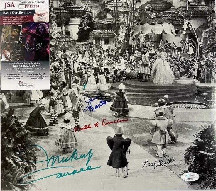 Mickey Carroll, Jerry Maren, Karl Slover, Ruth Duccini — Maren, Duccini, Slover & Carroll Signed Auto 14x11 Photo ‘Wizard of Oz’ JSA COA