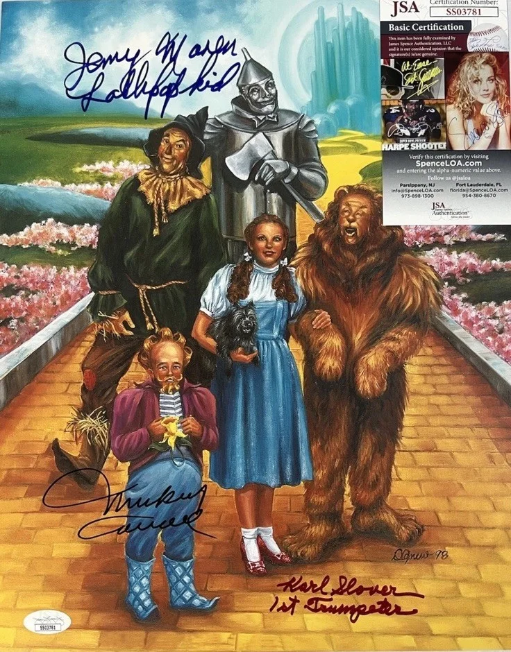 Jerry Maren, Mickey Carroll & Karl Slover — Jerry Maren, Slover & Carroll Signed Auto 14x11 Photo ‘Wizard of Oz’ JSA COA