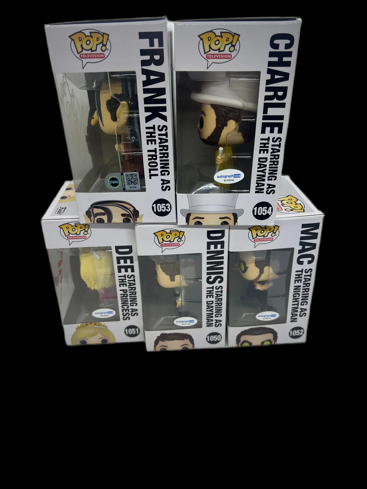 It's Always Sunny Cast Signed Funko Pops Dee Frank Mac Dennis Charlie ACOA SWAU, image 2