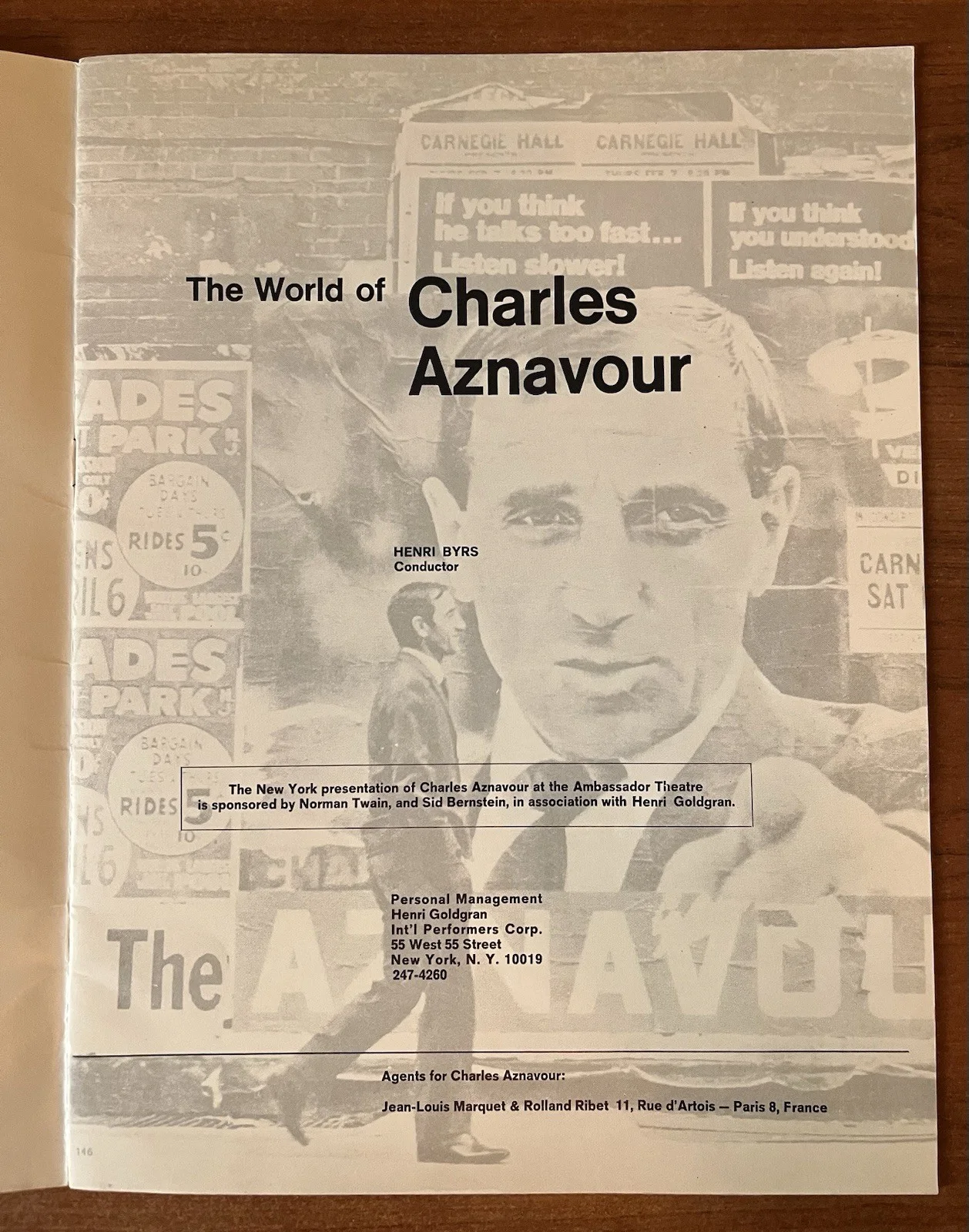 CHARLES AZNAVOUR Singer Autographed 1965 Concert Program The Ambassador NY, изображение 2