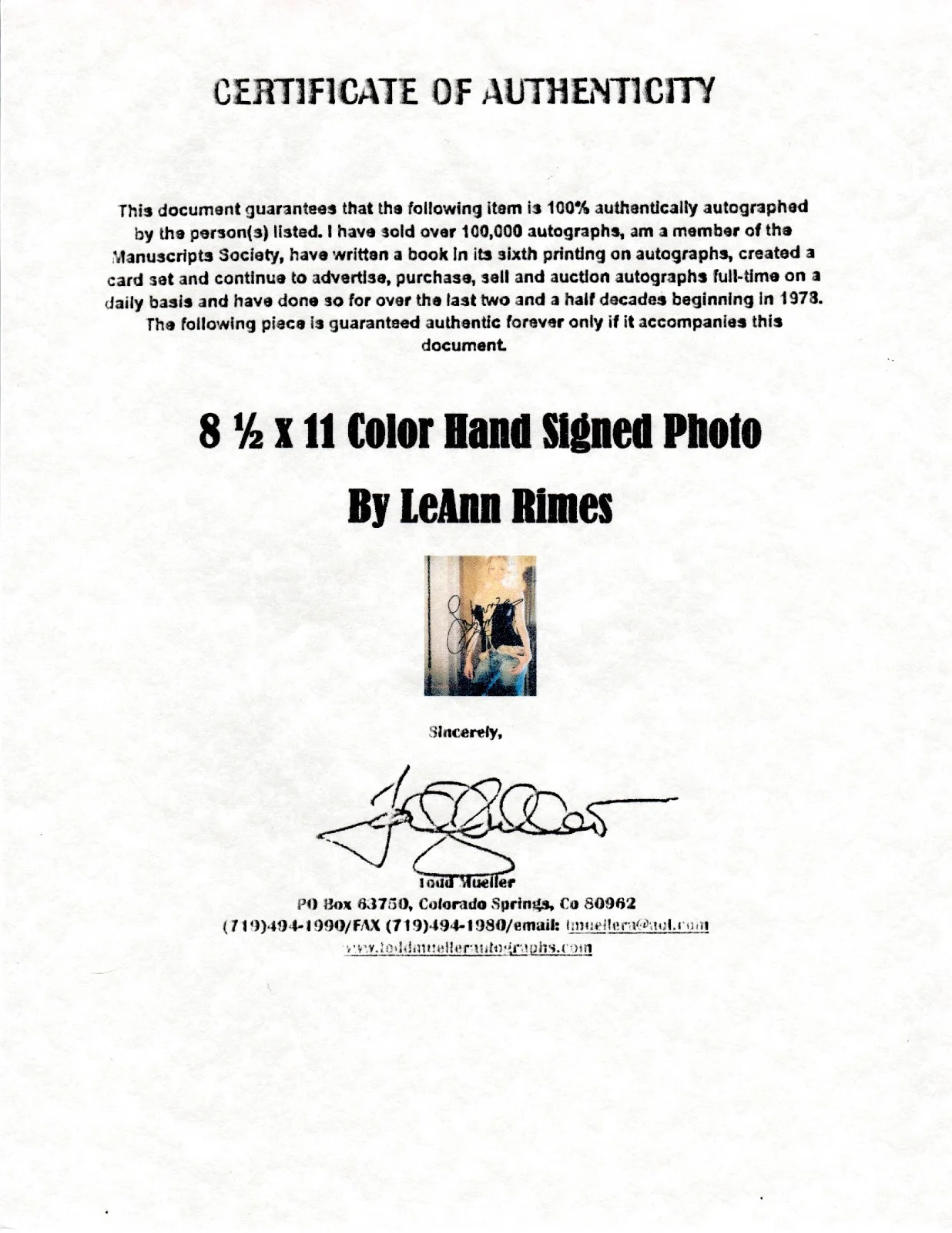 LeAnnRimes Autographed Photo 3 w COA, image 2