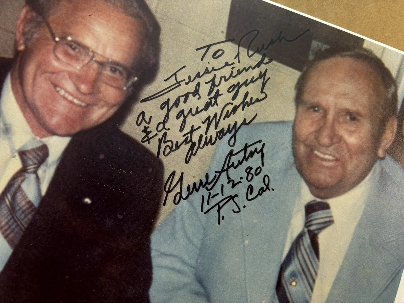 GENE AUTRY — GENE AUTRY SIGNED PHOTO -14 X 11-INSCRIPTION 11-12-80 OWNER OF THE ANGELS COA