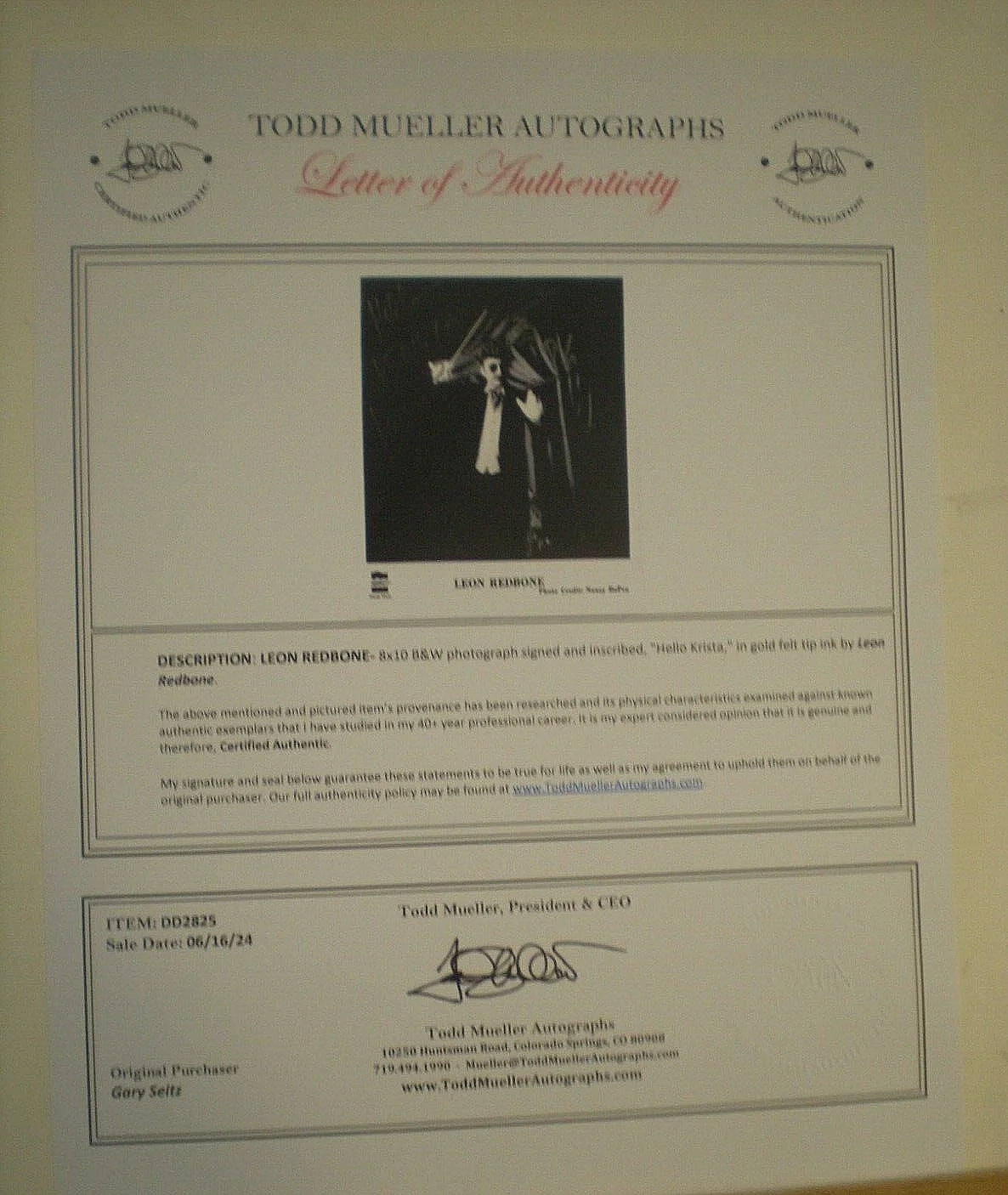 SIGNED PHOTO THE LATE LEON REDBONE- DECEASED--COA, image 3