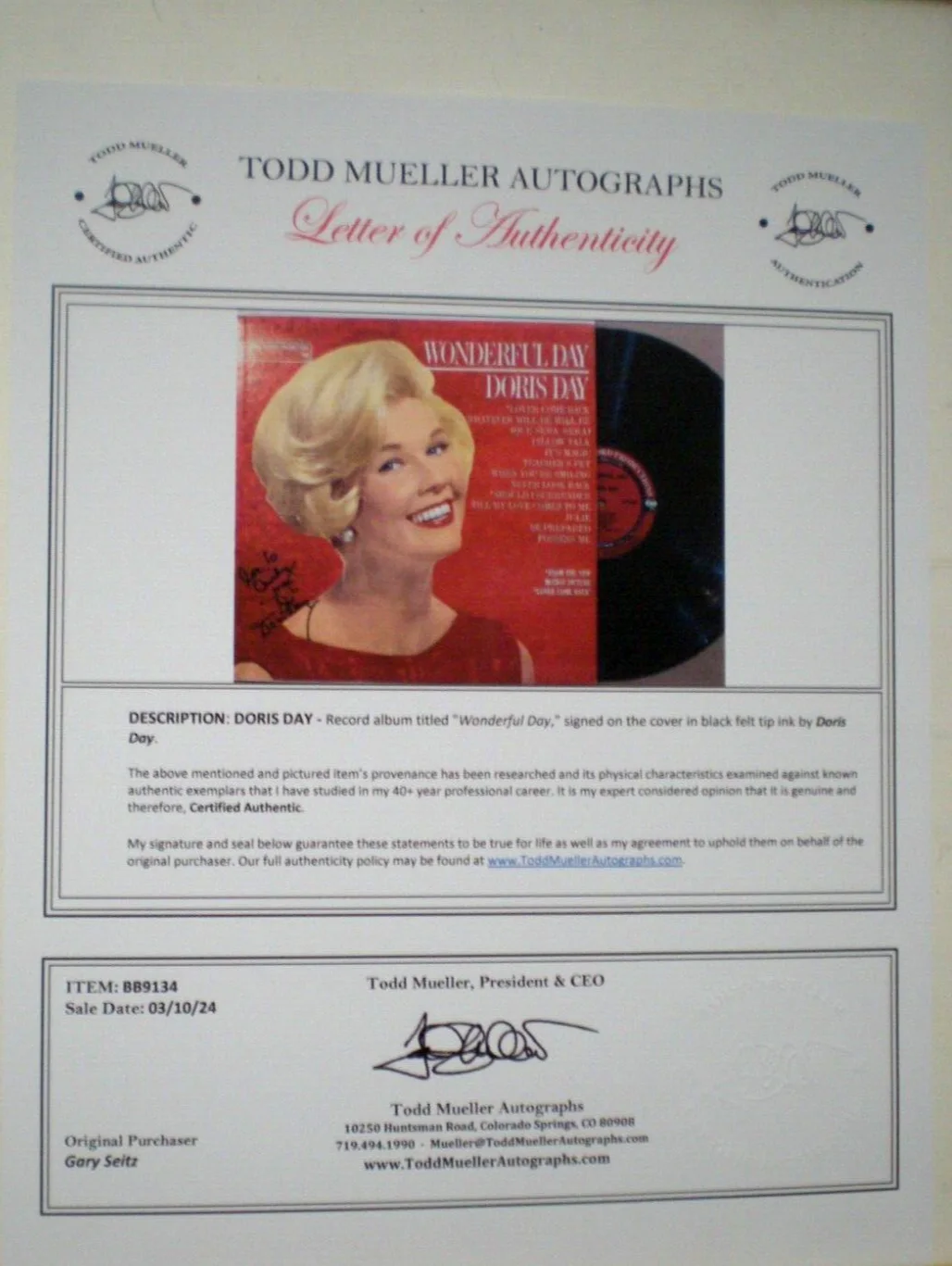 DORIS DAY SIGNED ALBUM LEGENDARY SINGER "WONDERFUL DORIS DAY" CERT TODD MUELLER, image 4