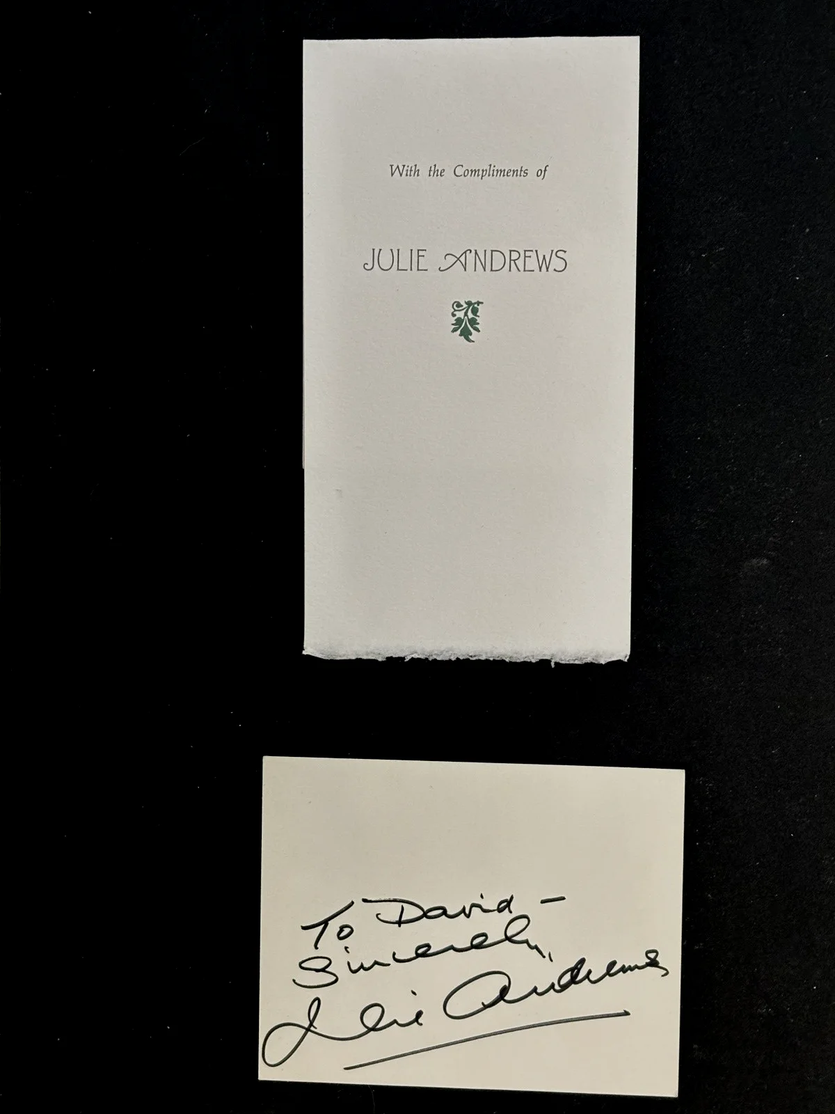 JULIE ANDREWS — JULIE ANDREWS SIGNED CARD-WITH COMPLIMENTS CARD-"THE SOUND OF MUSIC"