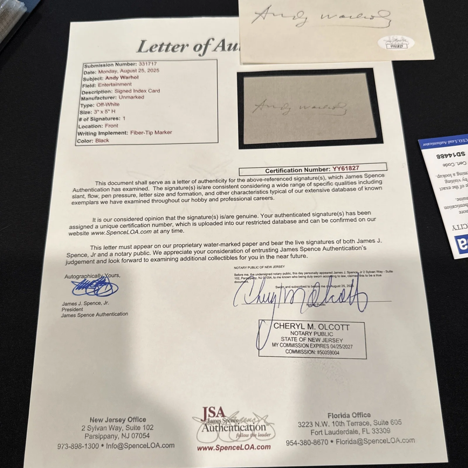 ANDY WARHOL POP ARTIST CELEBRITY SIGNED CUT ON INDEX CARD JSA LOA, изображение 2