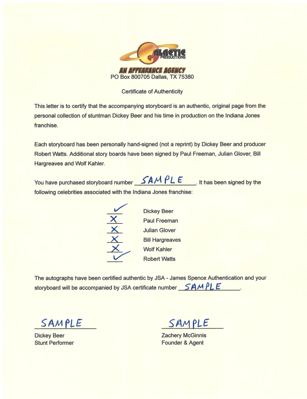 Dickey Beer — Indiana Jones - Storyboard signed by Dickey Beer & Robert Watts 8x10 JSA COA, image 2