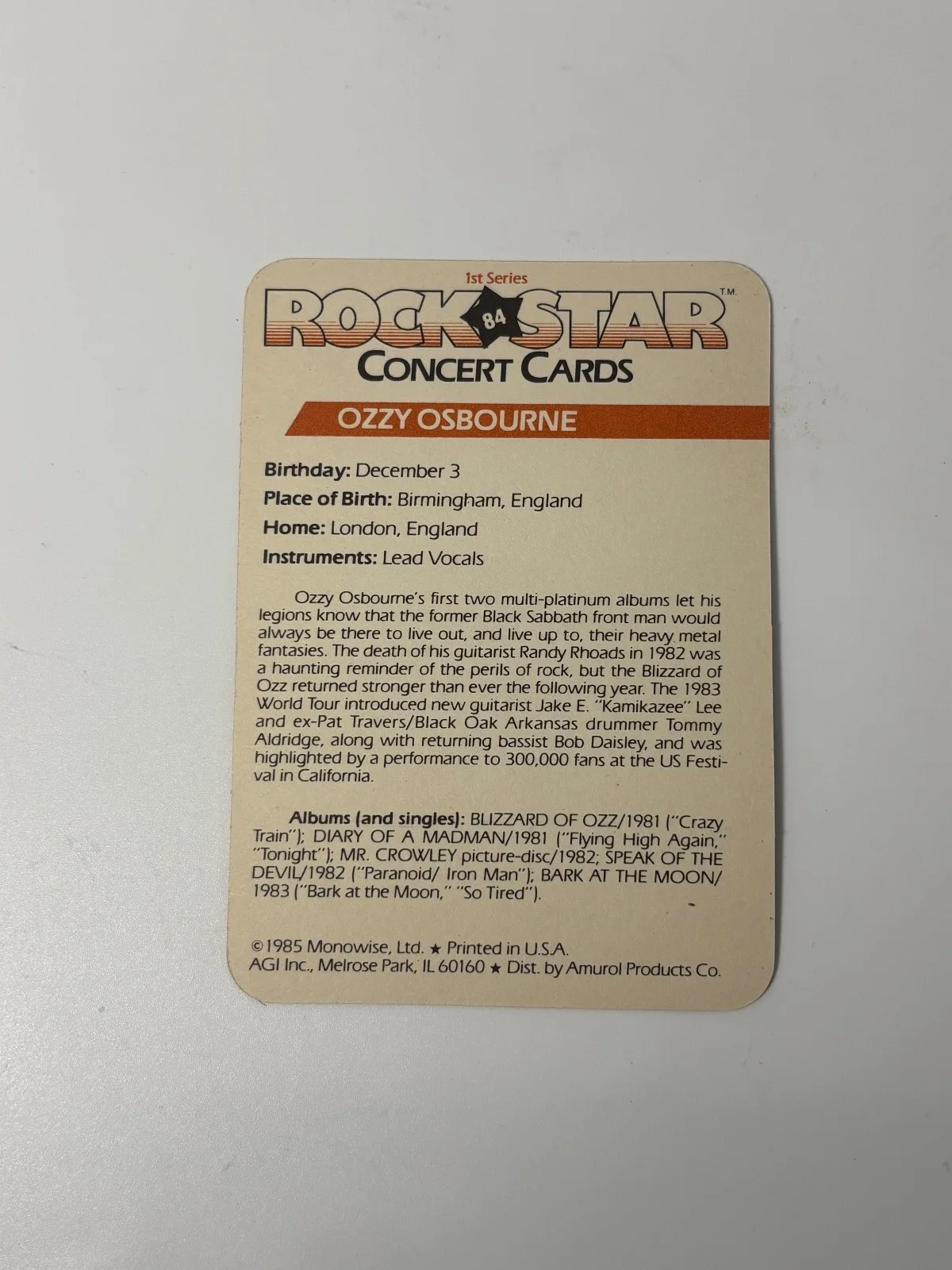 Autographed Ozzy Osbourne Rock Star Card Signed by Bob Daisley, image 2